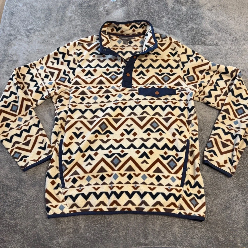 Eddie Bauer Mens M Fleece Pullover Snap‎ Mock Neck Geometric Southwestern Cream